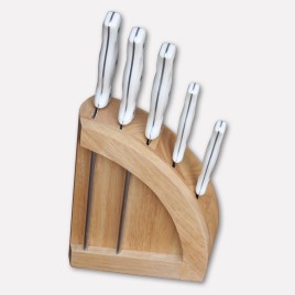 Ceppo in legno con 5 coltelli, manici bianchi