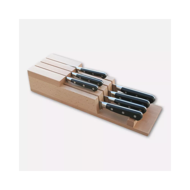 Ceppo in legno per cassetto con 7 coltelli forgiati