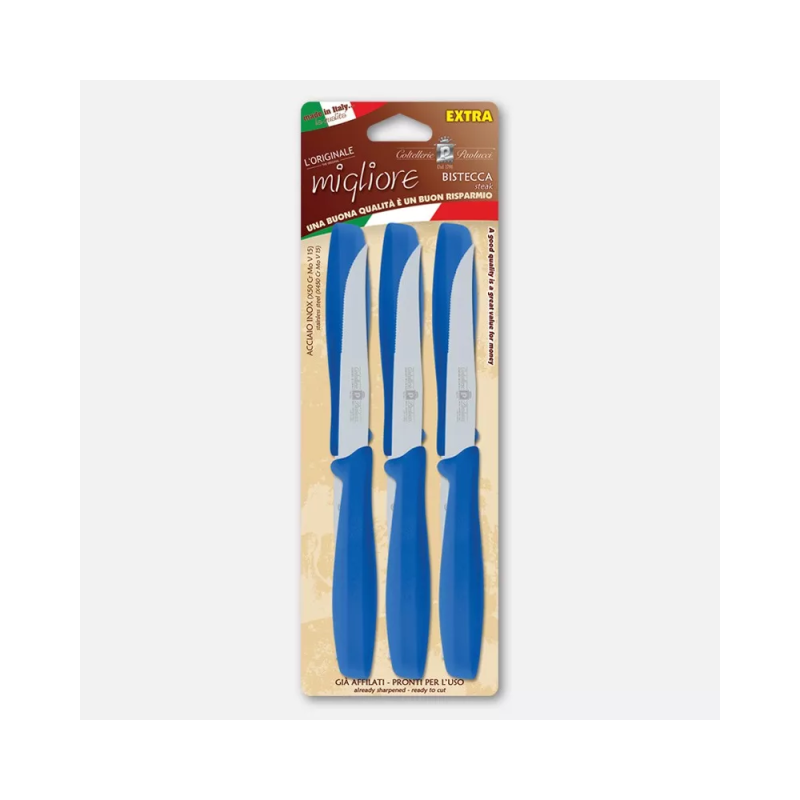 Set of 6 steak knives with blue handles