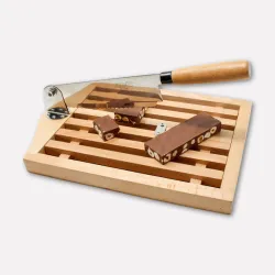 Torrone and chocolate cutting knife with wooden crumb-catching tray